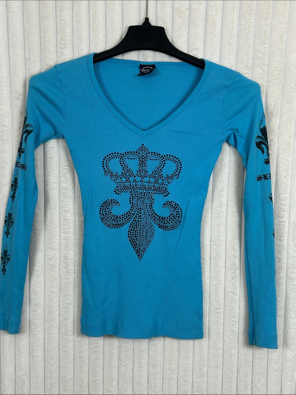 Y2K-era Sledge USA ribbed long sleeve top featuring a rhinestone-embellished S